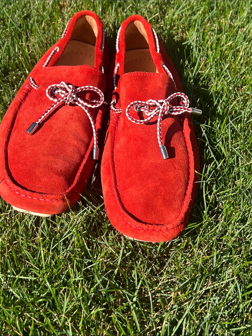Bugatchi Red Suede Driving Loafers with Braided Lace